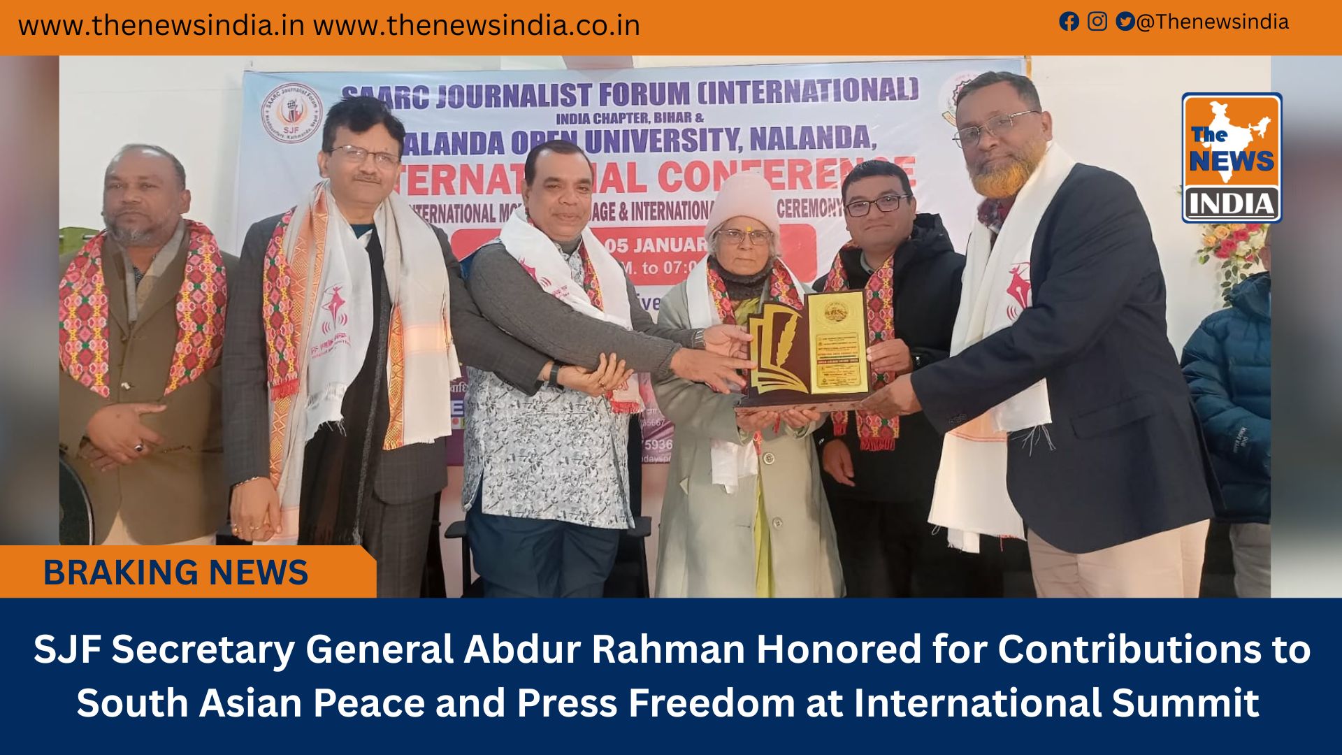  SJF Secretary General Abdur Rahman Honored for Contributions to South Asian Peace and Press Freedom at International Summit
